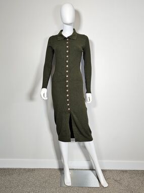 Heartloom Olive Ribbed Button-Front Collared Midi Dress Sz S